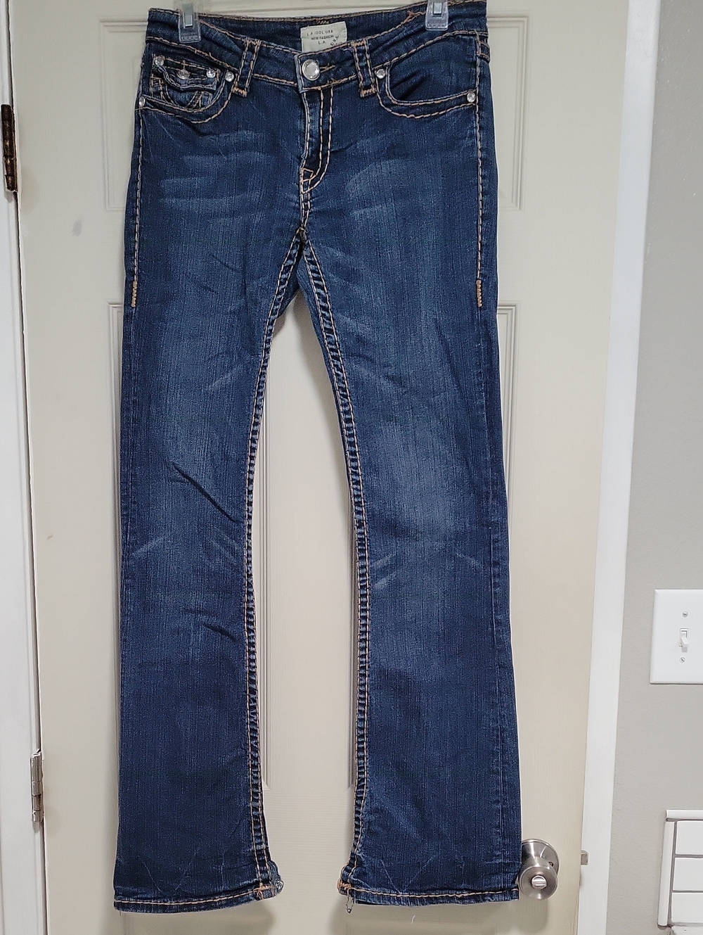 L.A. idol Dark Blue Flare Jeans size 9 with Contrast Stitching